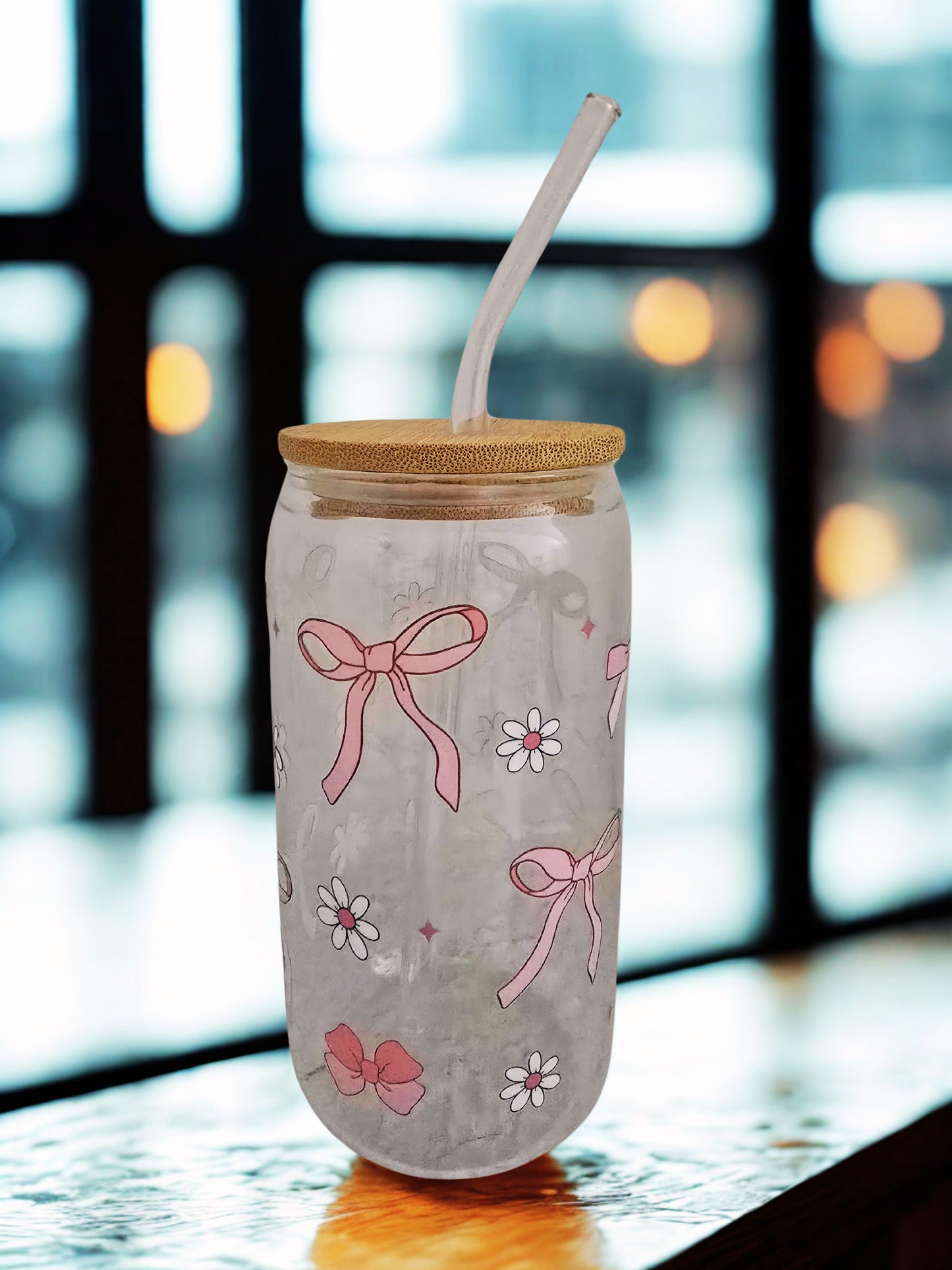 Glass Can Coquette Bows Small White Flowers 16 0z