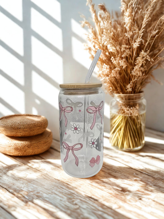 Glass Can Coquette Bows Small White Flowers 16 0z