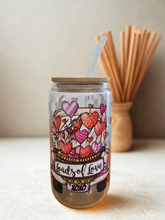 Glass Can Cup Loads of Love XOXO