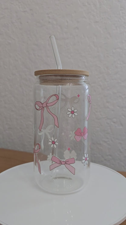 Glass Can Coquette Bows Small White Flowers 16 0z
